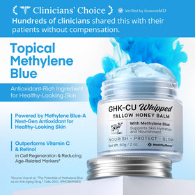 HealthyDerm jar opened to reveal blue balm and easy scoop application benefit