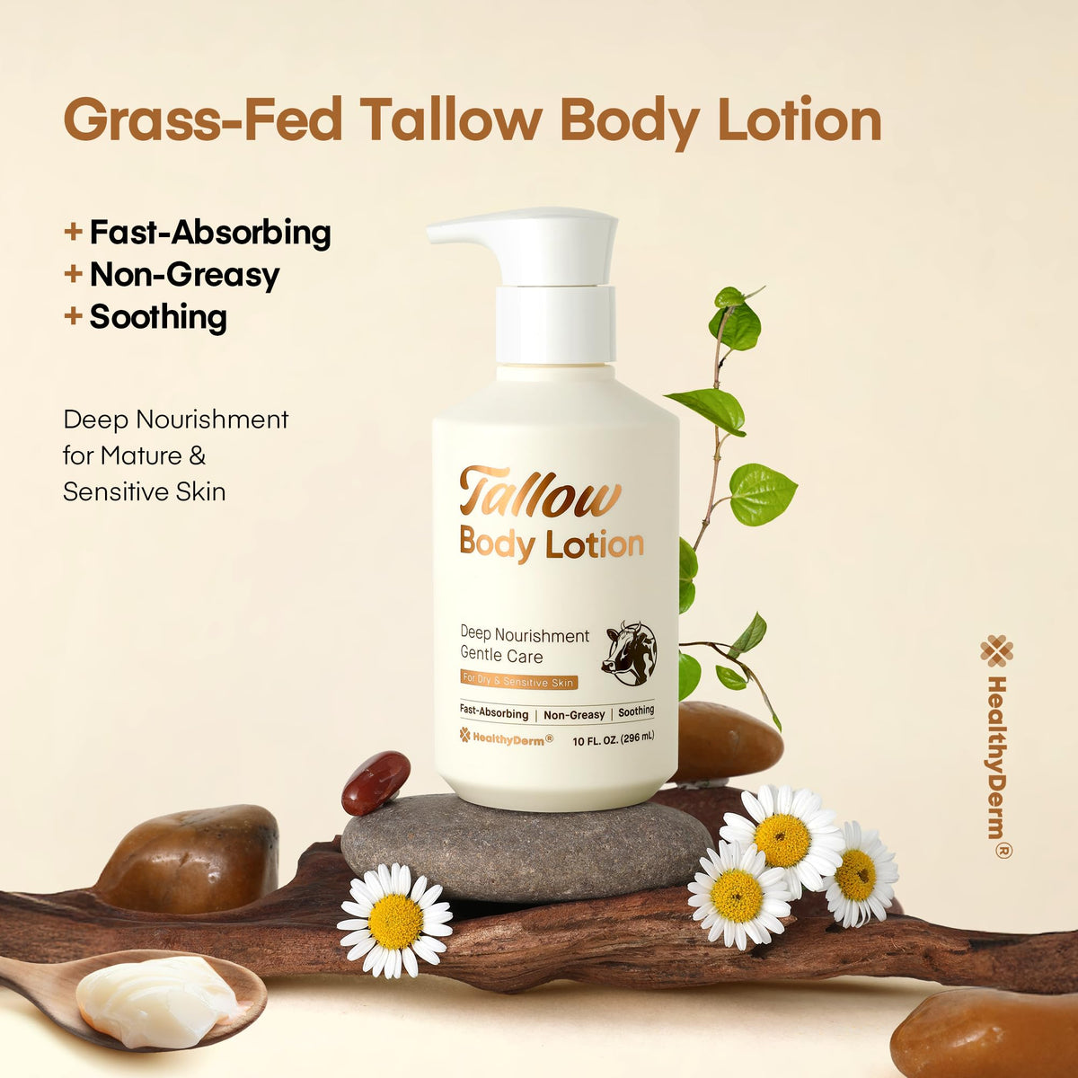 HealthyDerm lotion on palm illustrating spreadability and non-greasy finish for daily use