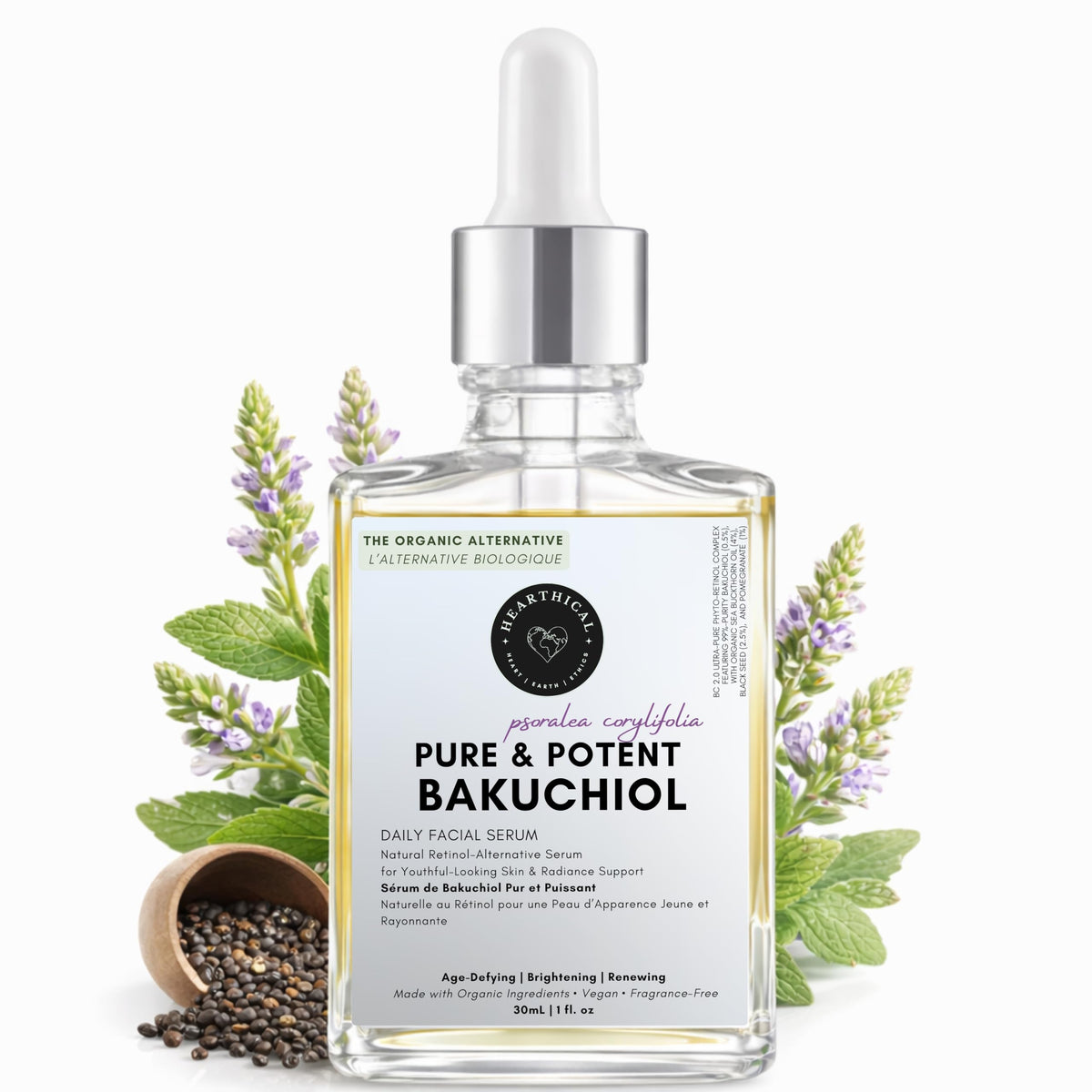 Hearthical front packaging showing 1 oz bottle and label, highlights purity benefit