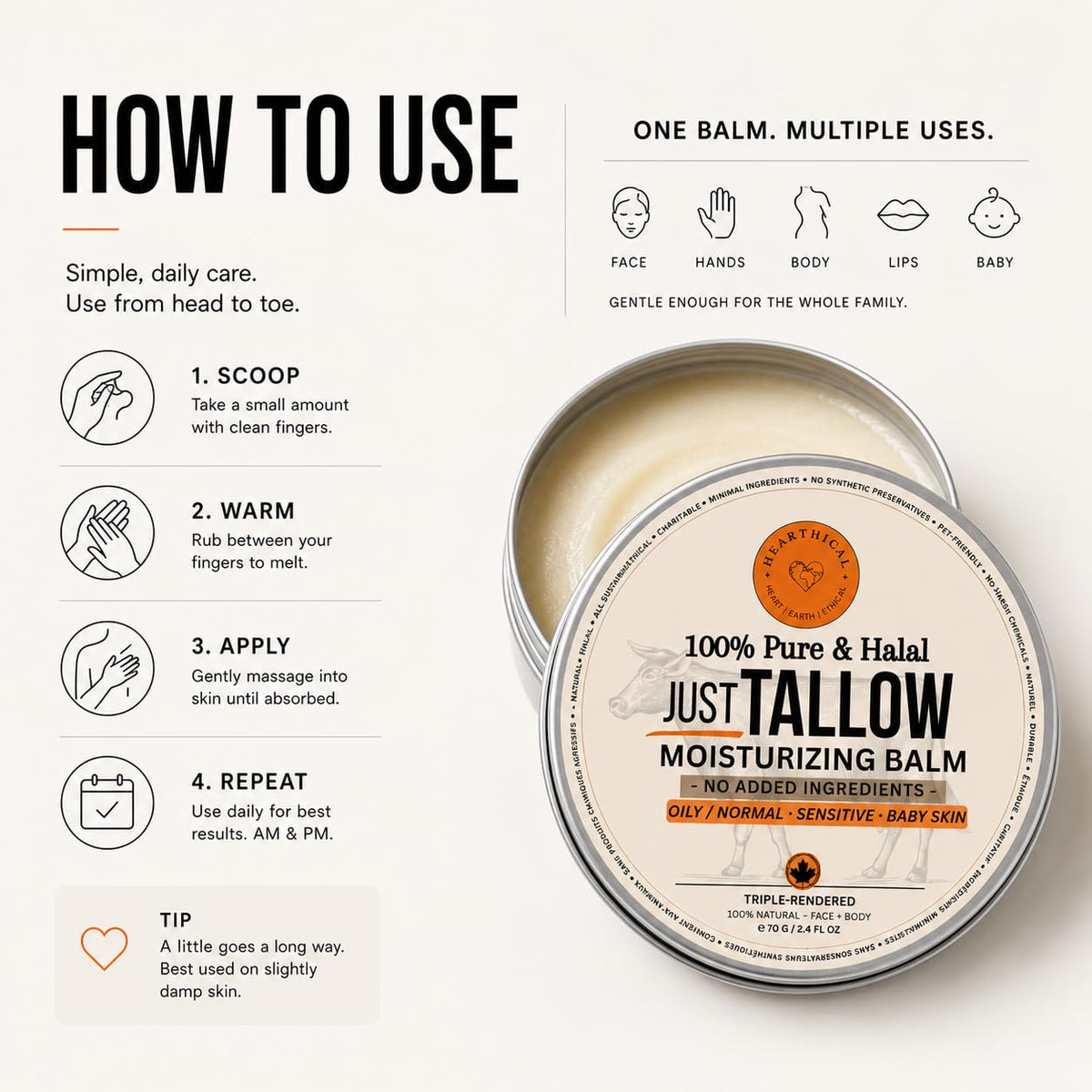 Hearthical applying tallow to face with hands for deep hydration benefit