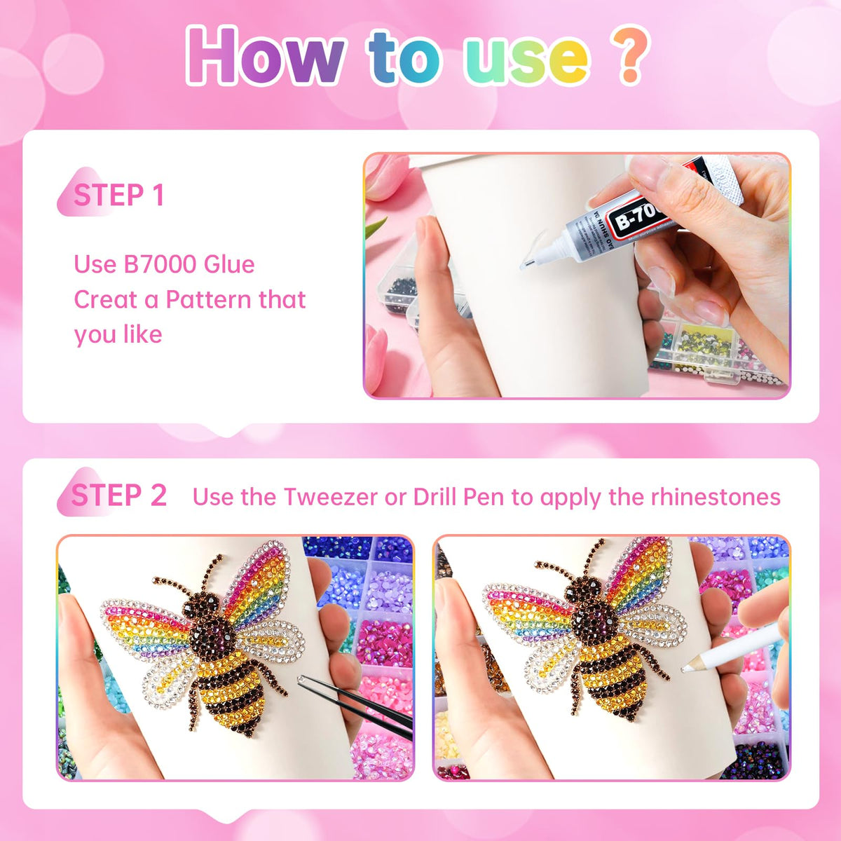 Heebabeys tweezers pick-up pen and three B7000 glue tubes for precise application