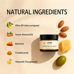 Heidelux frankincense resin and olive oil ingredients laid out to show natural sourcing