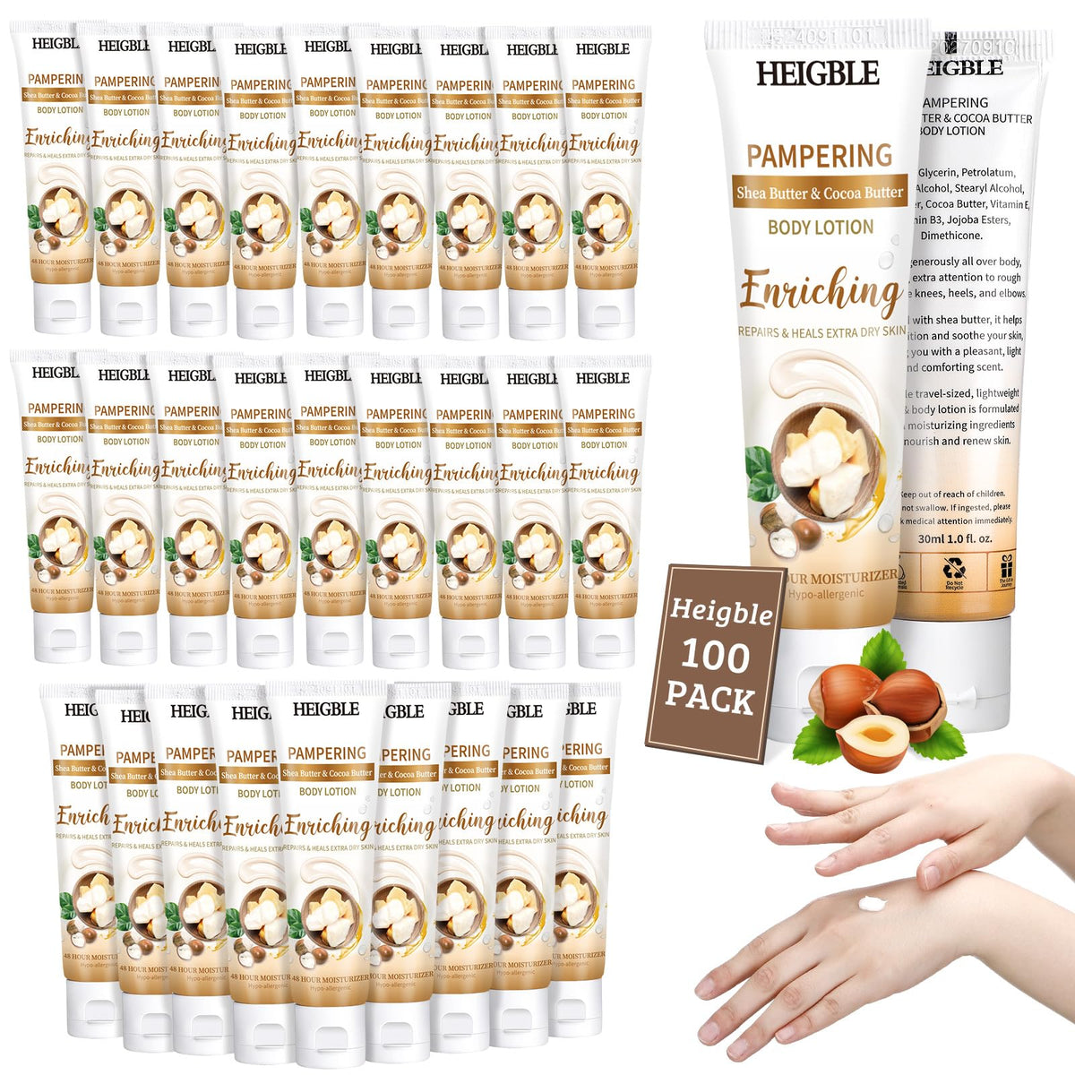 Heigble front view of travel lotion bottles showing pack and convenience