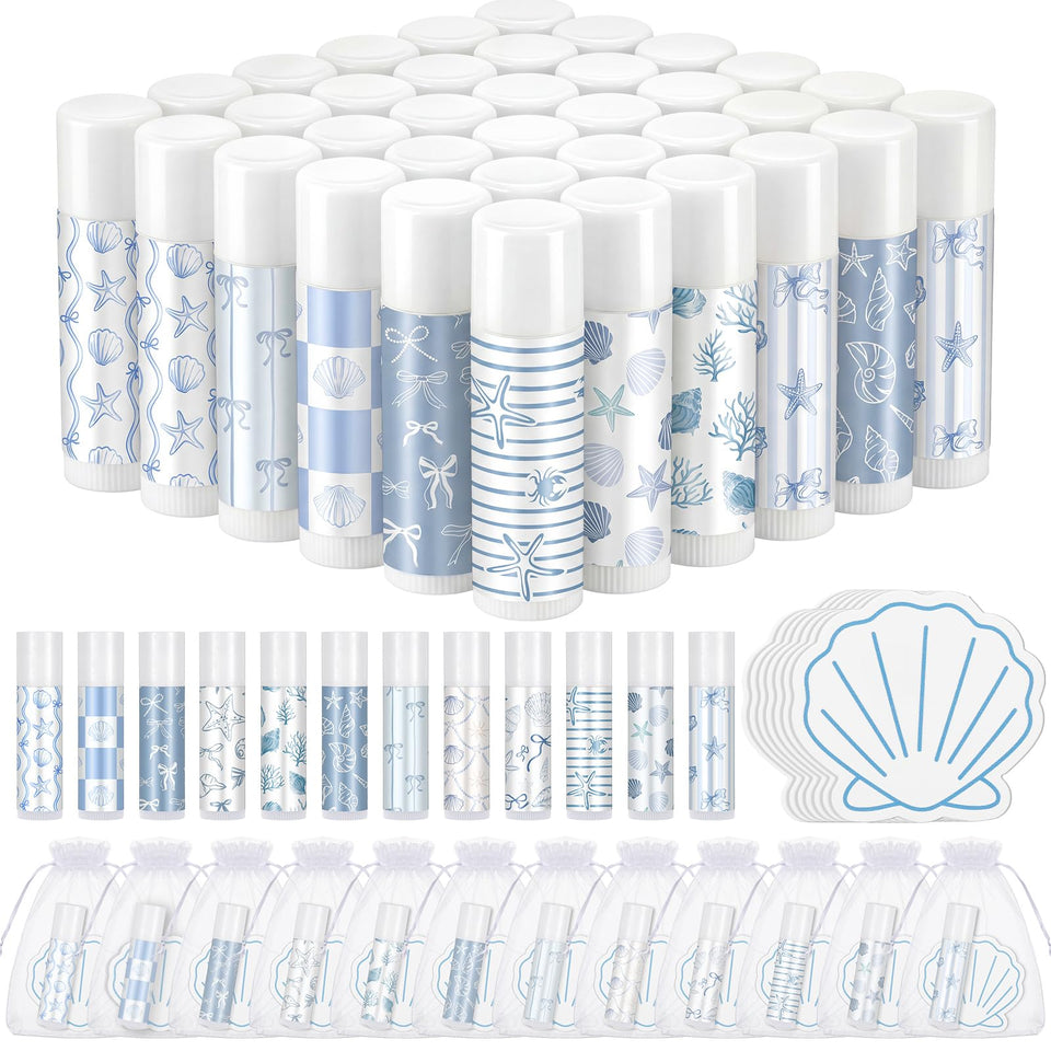 Heigble front packaging showing 36 coastal lip balm favors and tags, ideal gifting