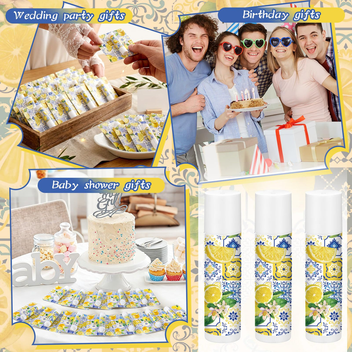 Heigble party favor display with balms in clear boxes creating cohesive event giveaways