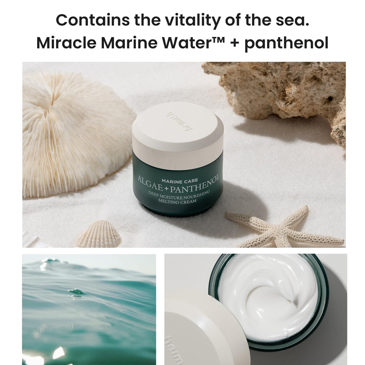 HEIMISH flatlay of marine extracts and Miracle Marine Water, emphasizes nourishing minerals