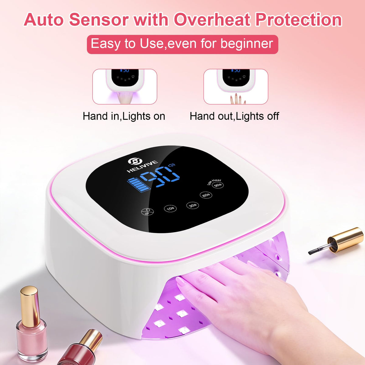 HELIVIVE lamp in use with fingers inside demonstrating hands-free auto sensor