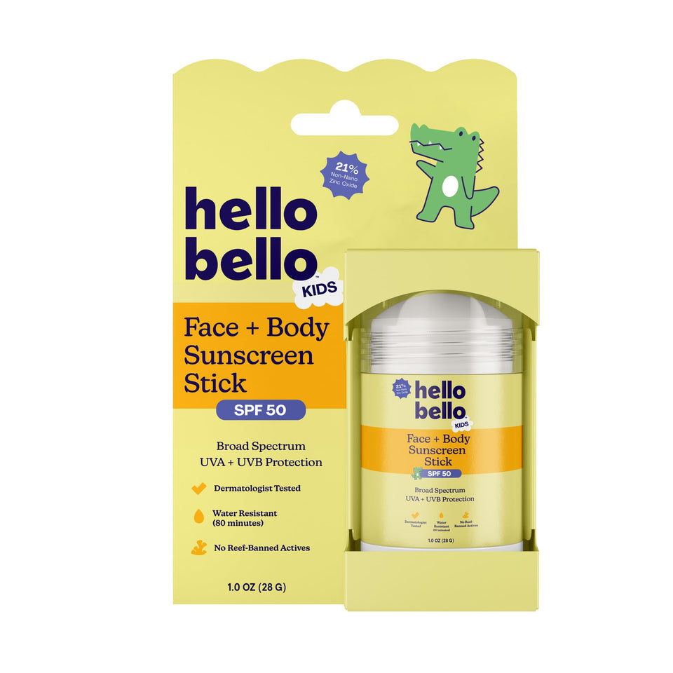 Hello Bello stick front packaging showing SPF 50 protection and compact size