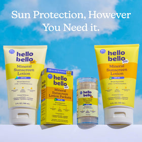 Family outdoors applying Hello Bello stick for quick protective touch-ups