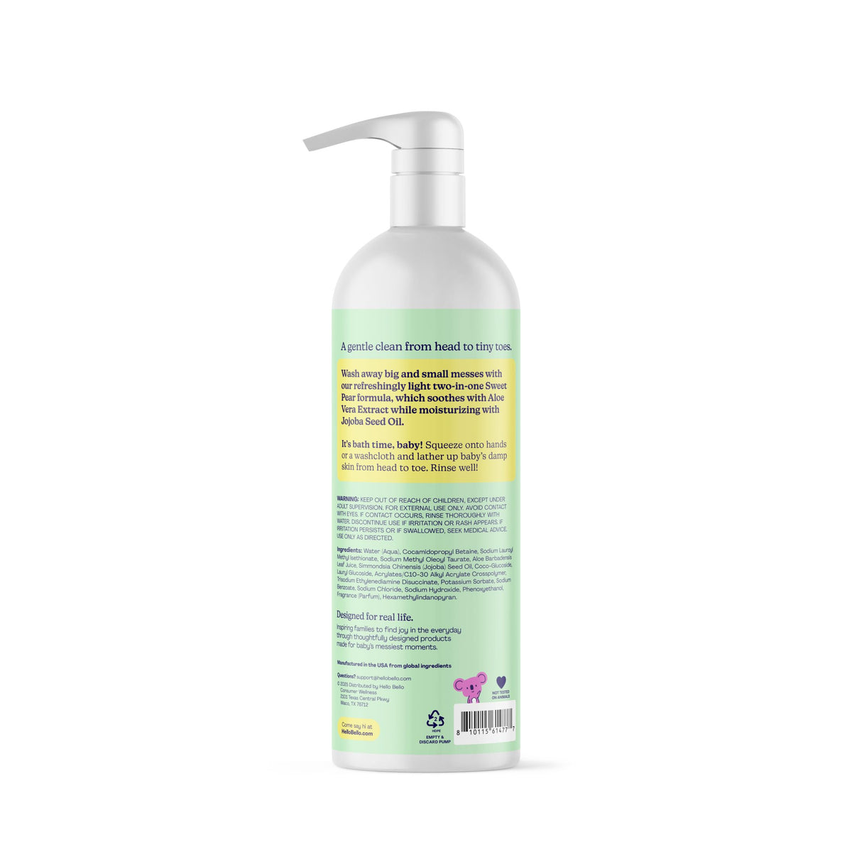 Hello Bello back label close-up displaying ingredients and hypoallergenic testing information