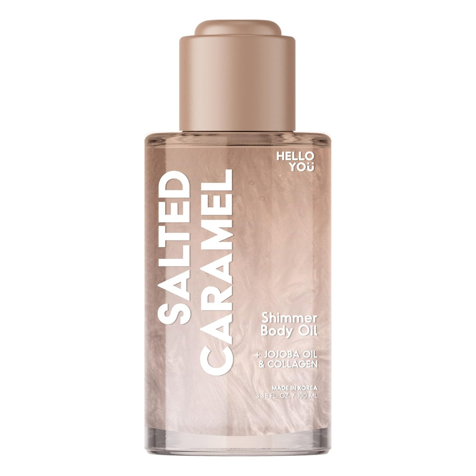 Hello You front packaging showing shimmer oil and salted caramel scent benefits