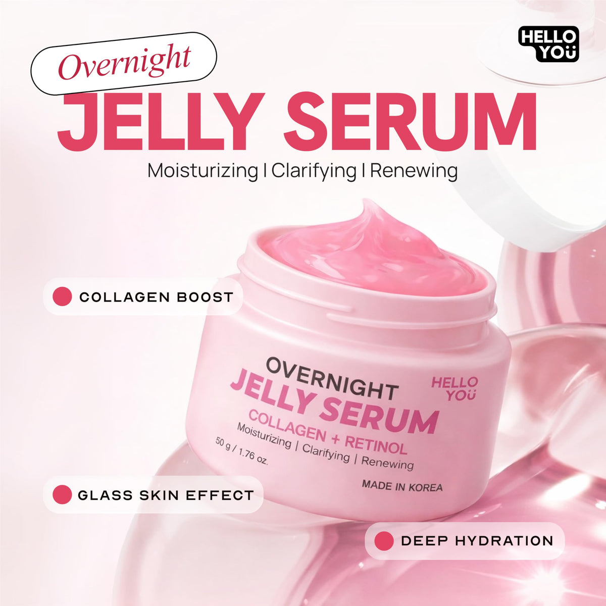 Hello You open jar jelly texture close-up, shows lightweight cooling hydration