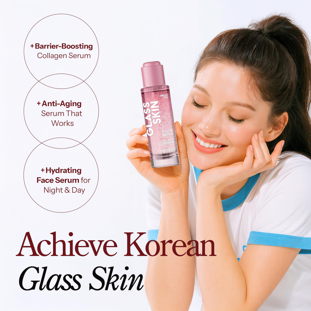 Hello You serum on bathroom shelf in lifestyle scene promoting daily skincare routine