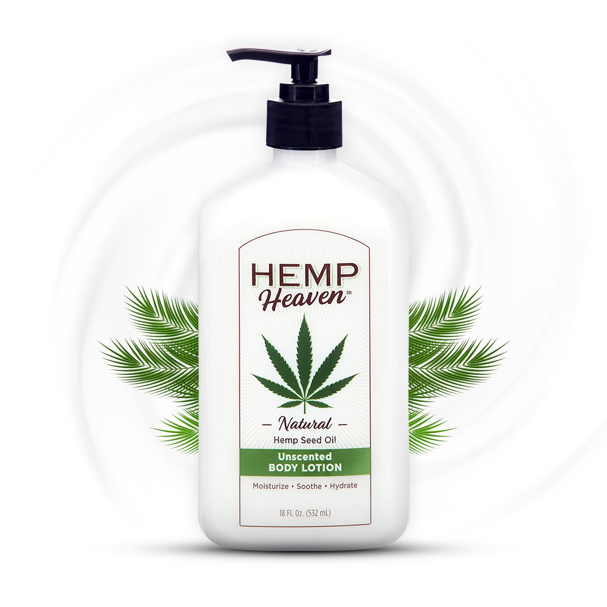 Hemp Heaven front packaging showing 18 oz bottle and pump for easy use