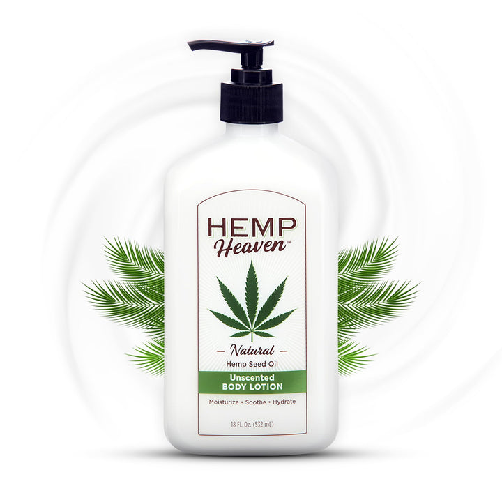 Hemp Heaven front packaging showing 18 oz bottle and pump for easy use