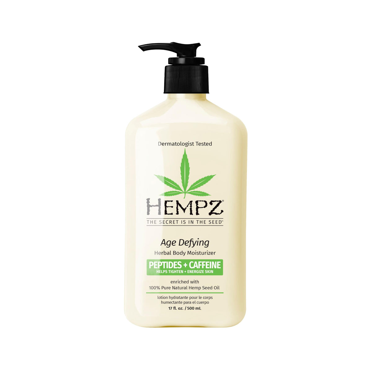 Hempz front packaging showing bottle and label for clear product ID and benefit