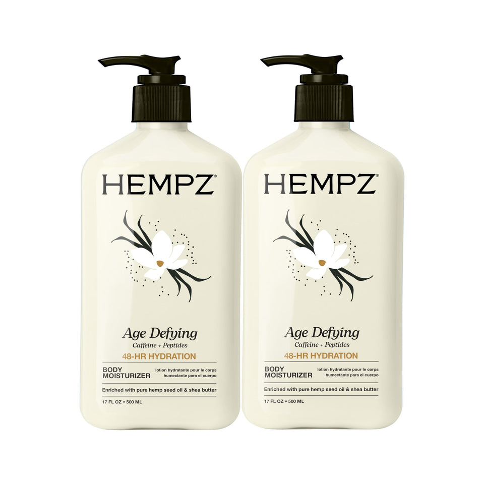 Hempz front packaging showing two 17 fl oz bottles and benefits