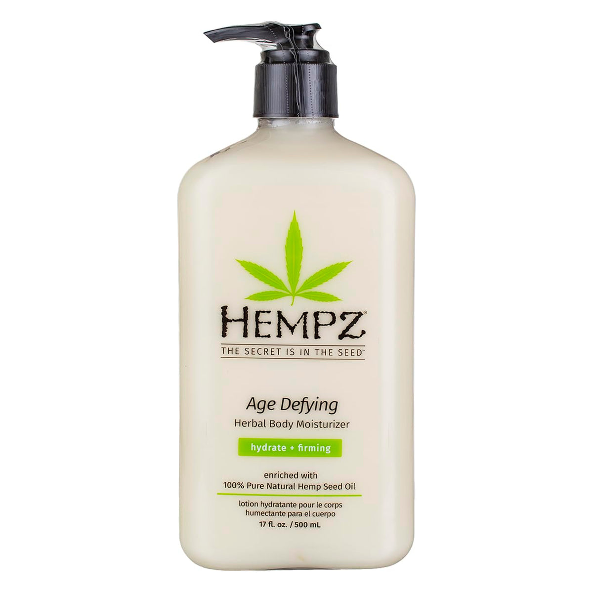 Hempz front pump bottle showing brand and large 17oz size for hydration benefit