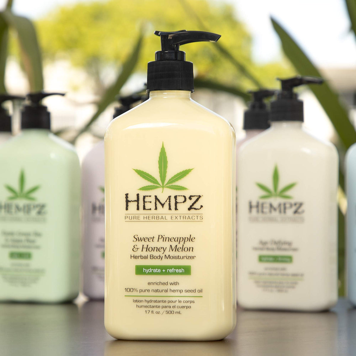 Hempz bottle label detail highlighting ingredients and vegan claim benefit