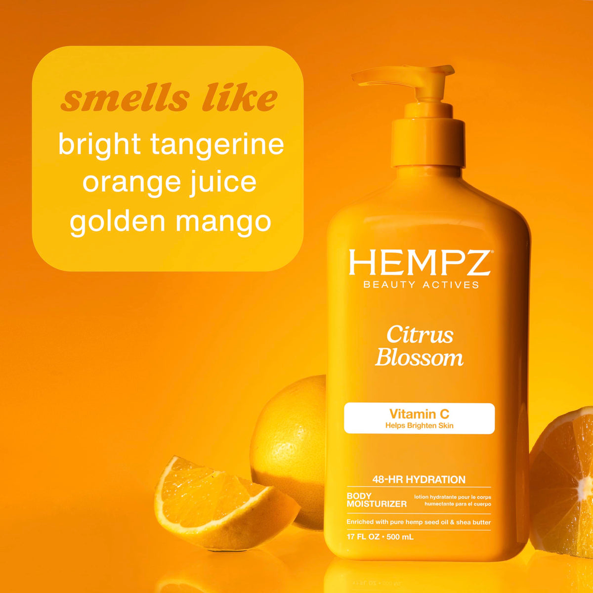 Hempz Citrus Blossom ingredients display with citrus and aloe highlighting antioxidant benefits