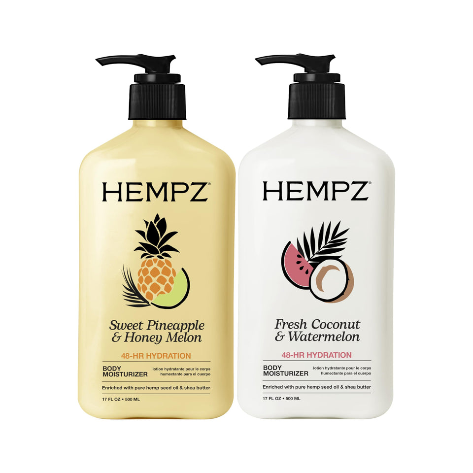 Hempz front bottles showing two-scent bundle and convenient 17 fl oz size for daily hydration