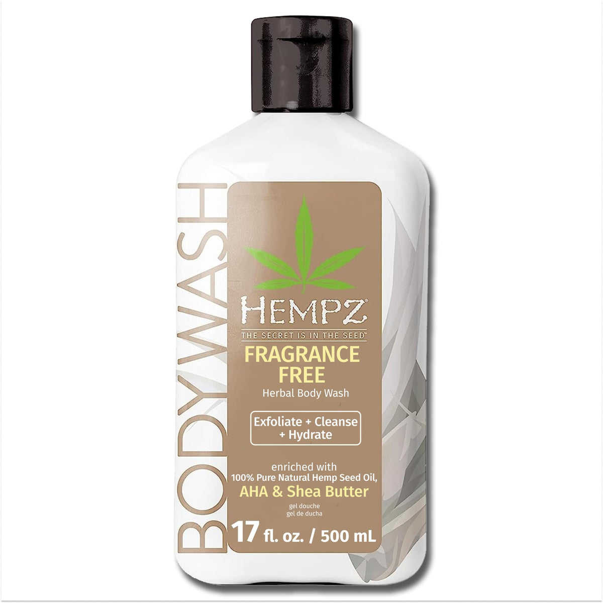 Hempz front packaging of fragrance free body wash showing label and size benefit
