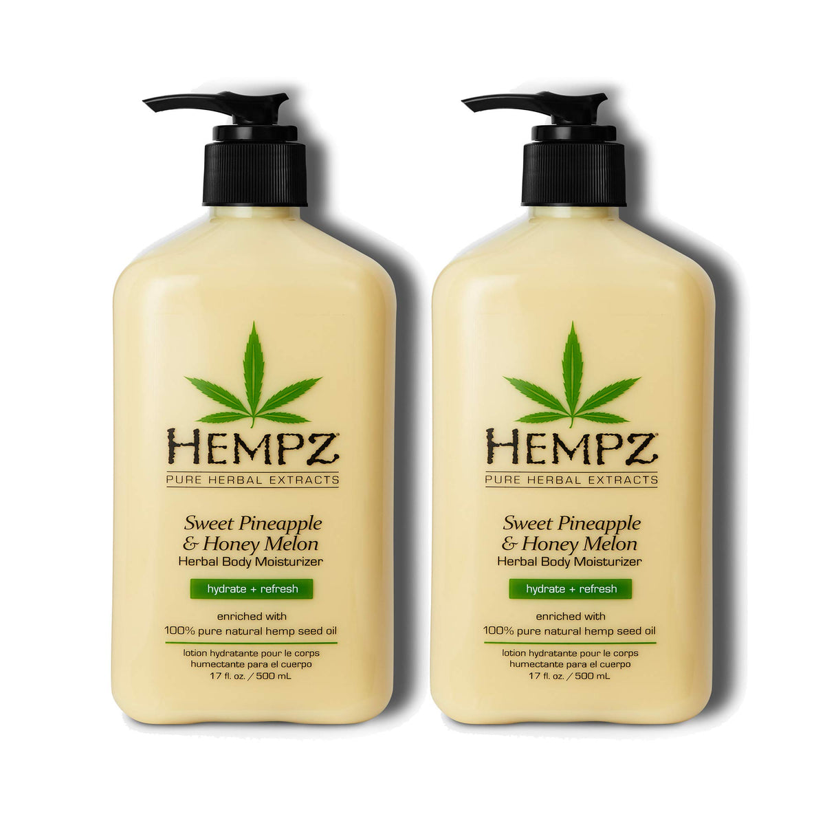 Hempz front packaging showing 17 oz twin bottles and vibrant label benefits