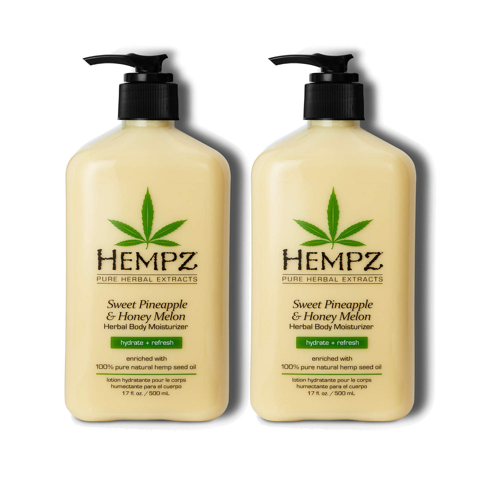 Hempz front packaging showing 17 oz twin bottles and vibrant label benefits