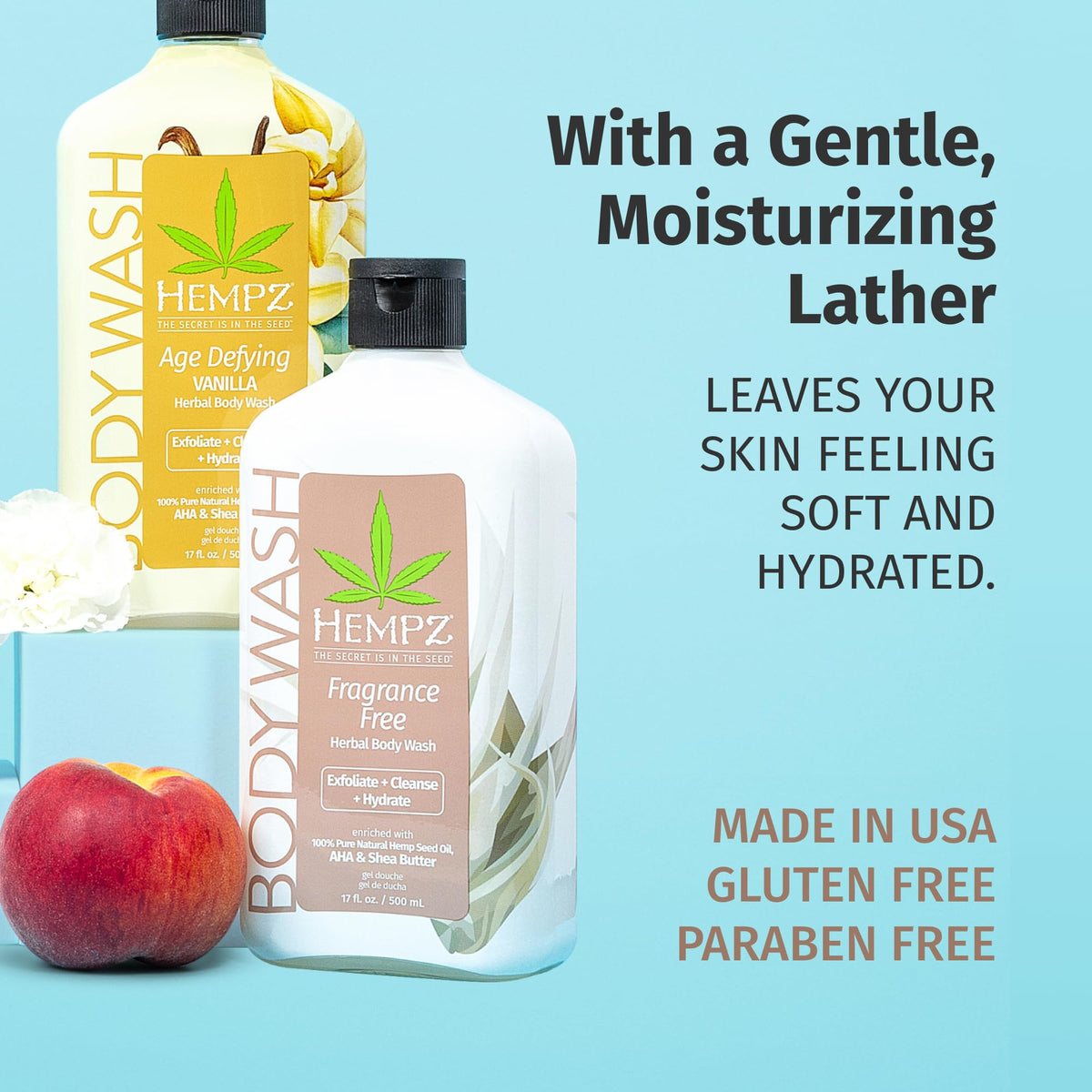 Hempz hemp seeds and shea butter display showing nourishing ingredient benefit