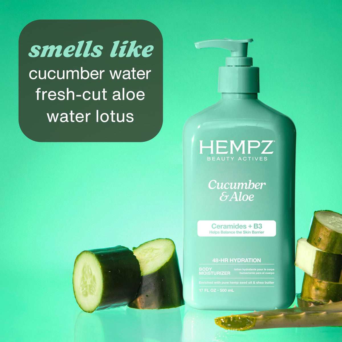Hempz ingredients label highlighting hemp seed oil, shea butter, ceramides and B3
