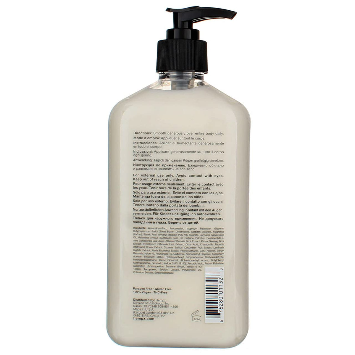 Hempz product label focusing on hemp seed oil and vegan, paraben-free benefits