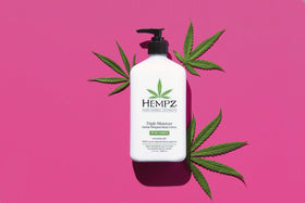 Hempz lifestyle bathroom shelf display suggesting routine hydration and clean aesthetic