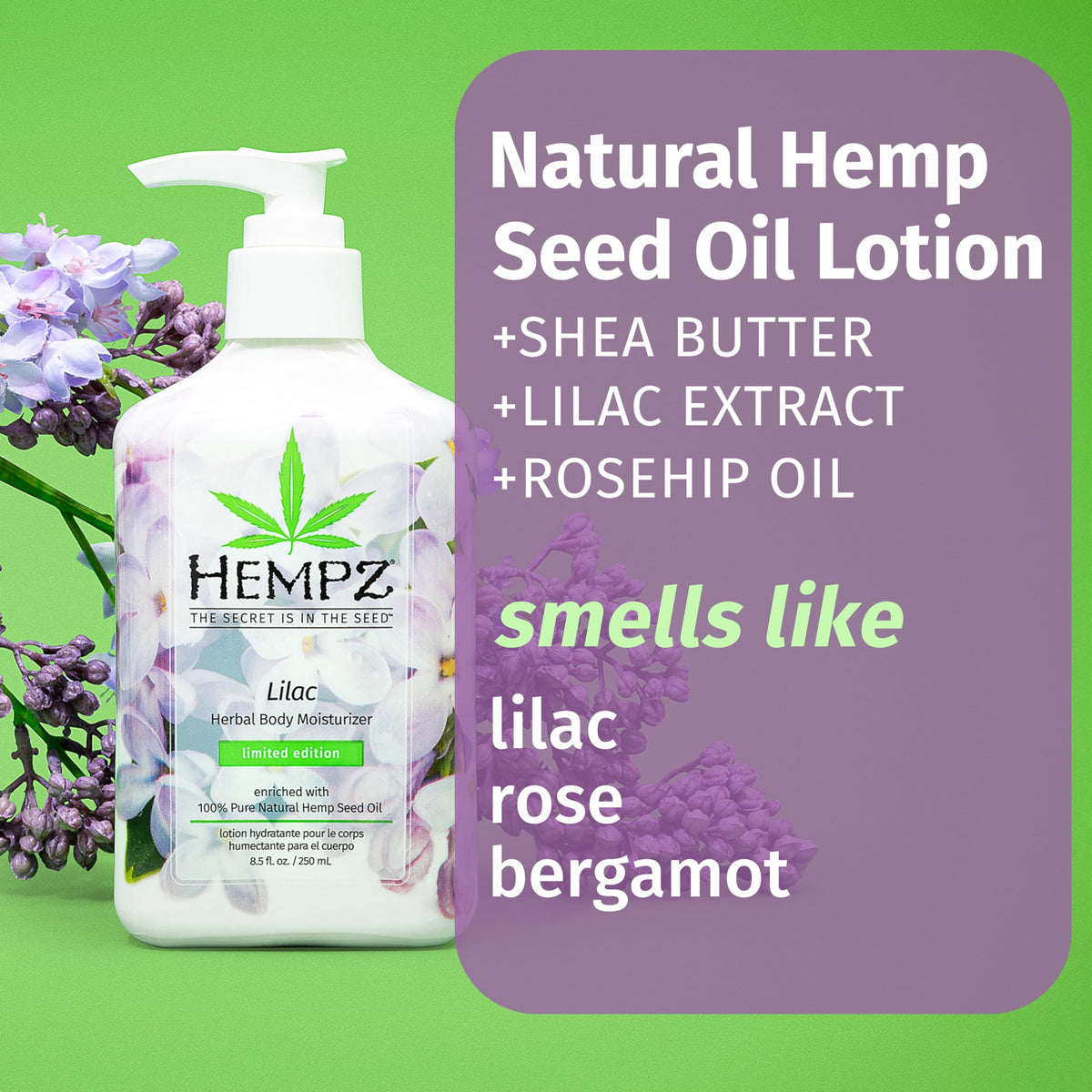 Hempz ingredients display highlighting hemp seed oil and lilac extract benefits