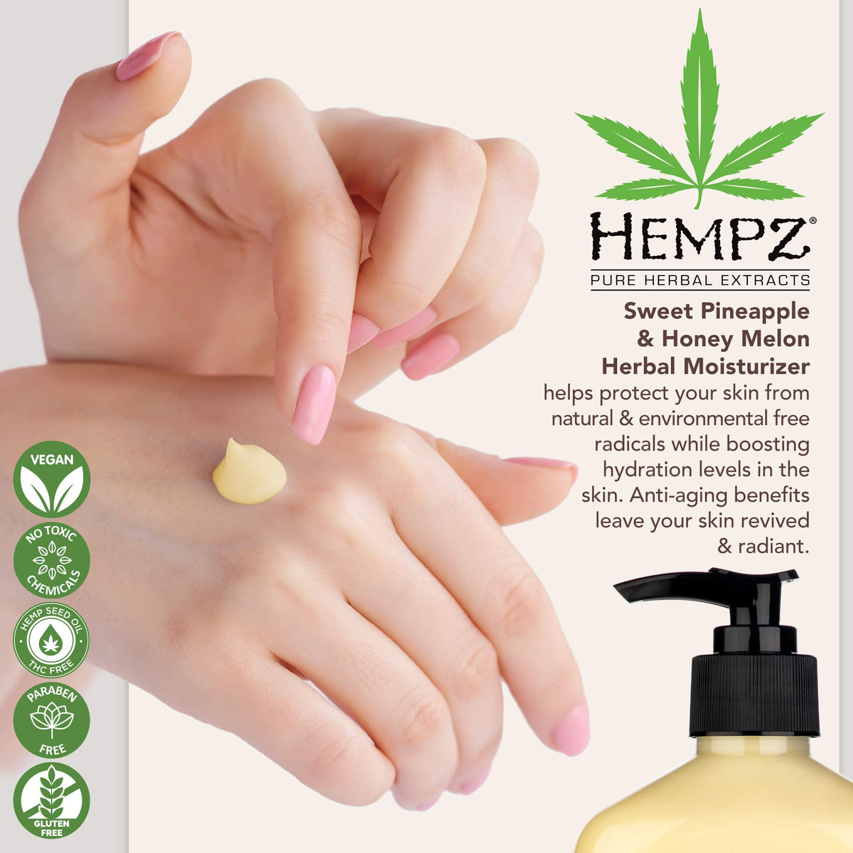 Hempz lotion pouring on hand demonstrating creamy absorption and hydration