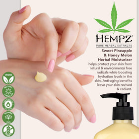 Hempz lotion pouring on hand demonstrating creamy absorption and hydration