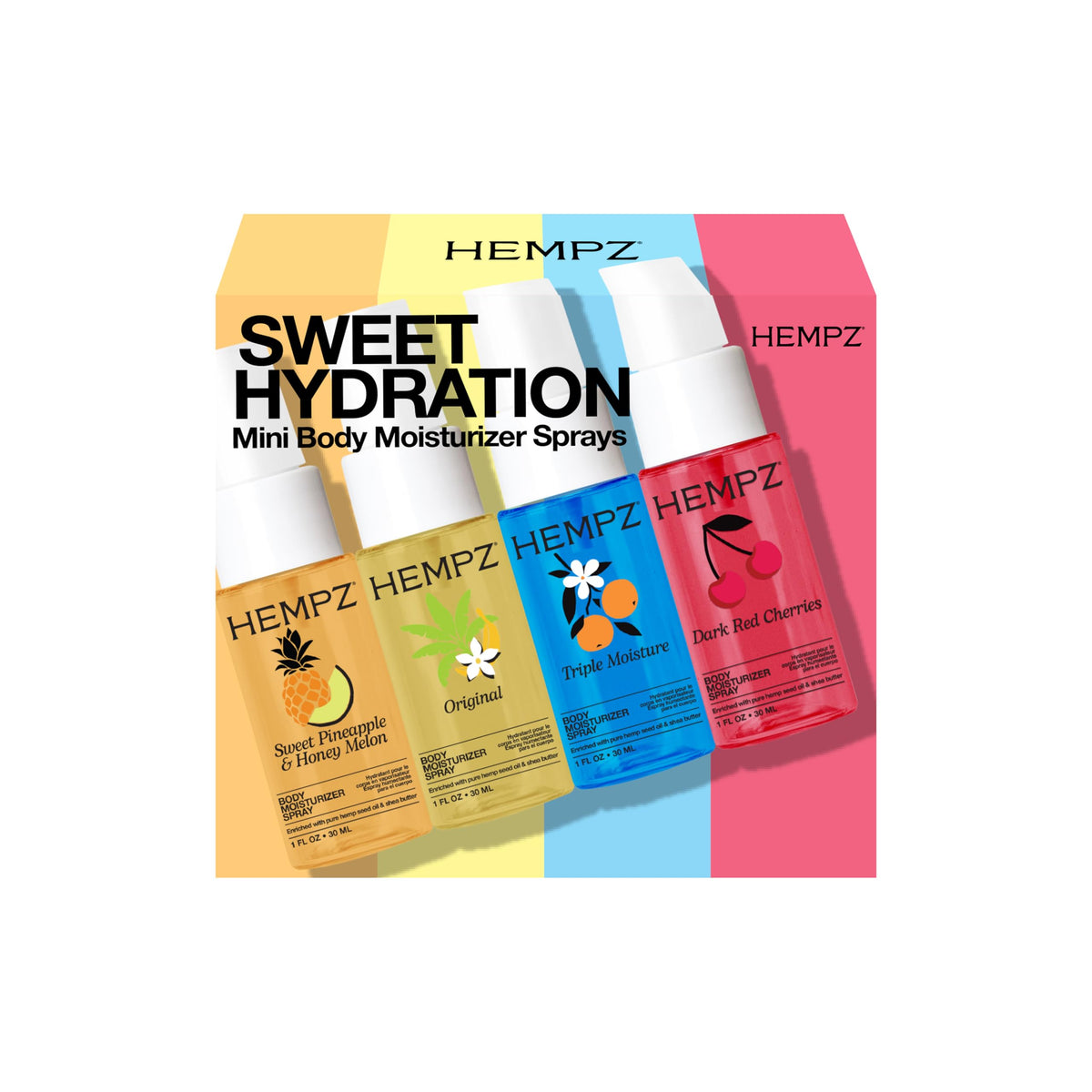 Hempz front packaging showing four travel moisturizer sprays and gift-ready look
