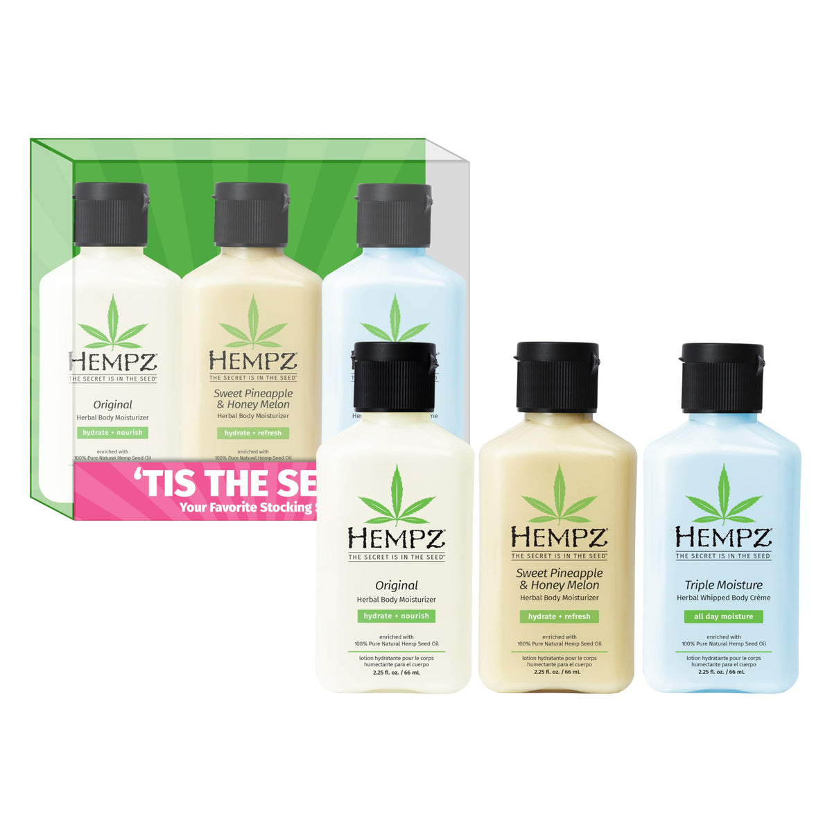 Hempz mini lotion set front packaging showing three travel-size tubes and seasonal gift design