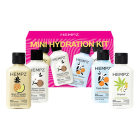 Hempz mini kit front view showing four travel lotions for easy packing