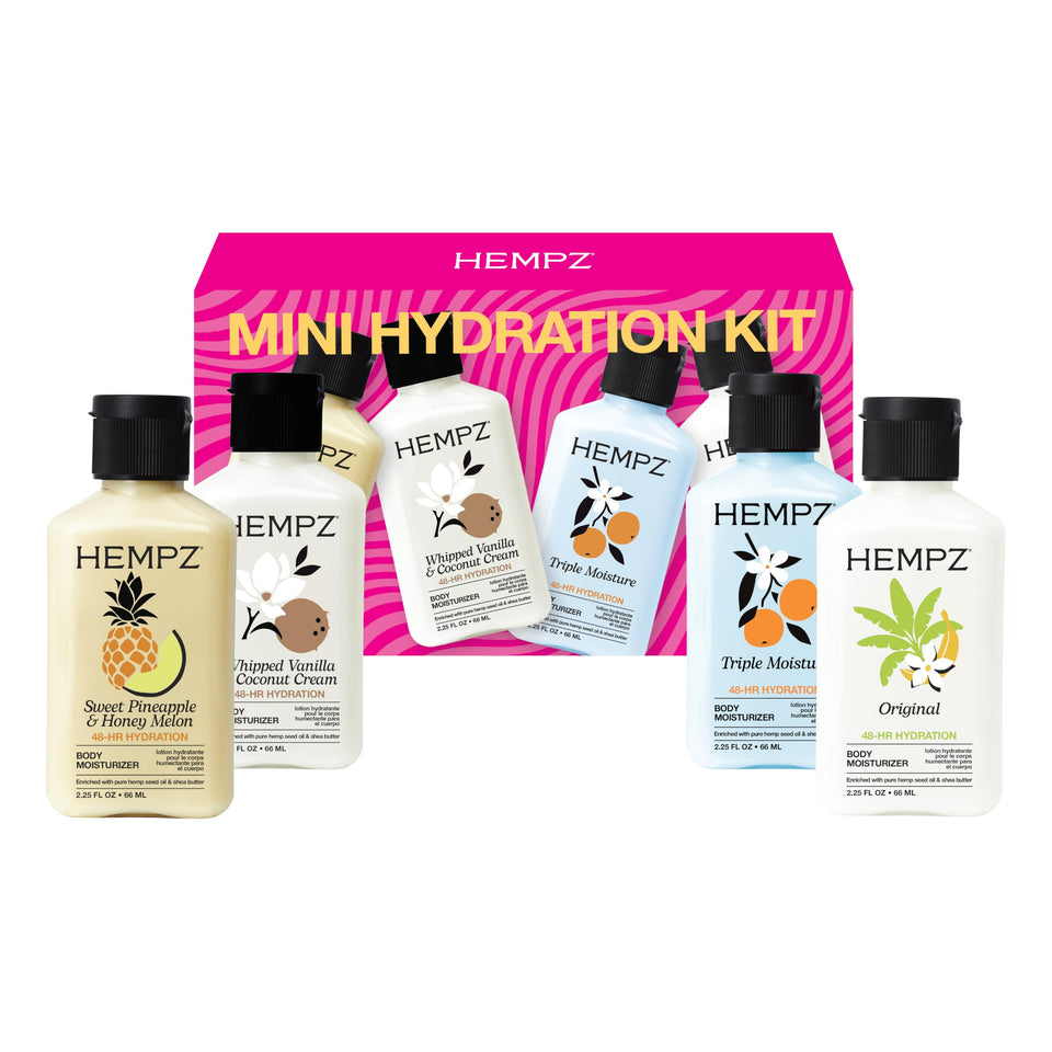 Hempz mini kit front view showing four travel lotions for easy packing