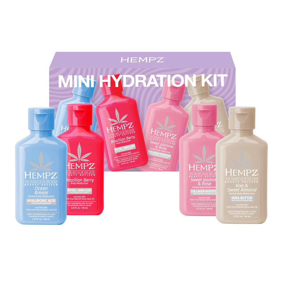 Hempz mini set front packaging showing four travel-size lotion bottles, convenient hydration
