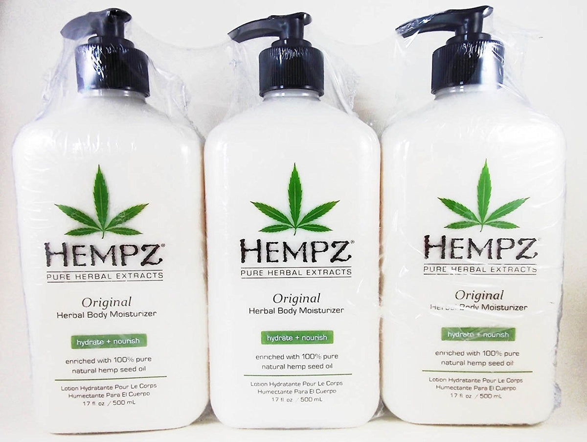 Hempz front packaging of 17 oz bottle trio showing product size and clear branding for easy identification