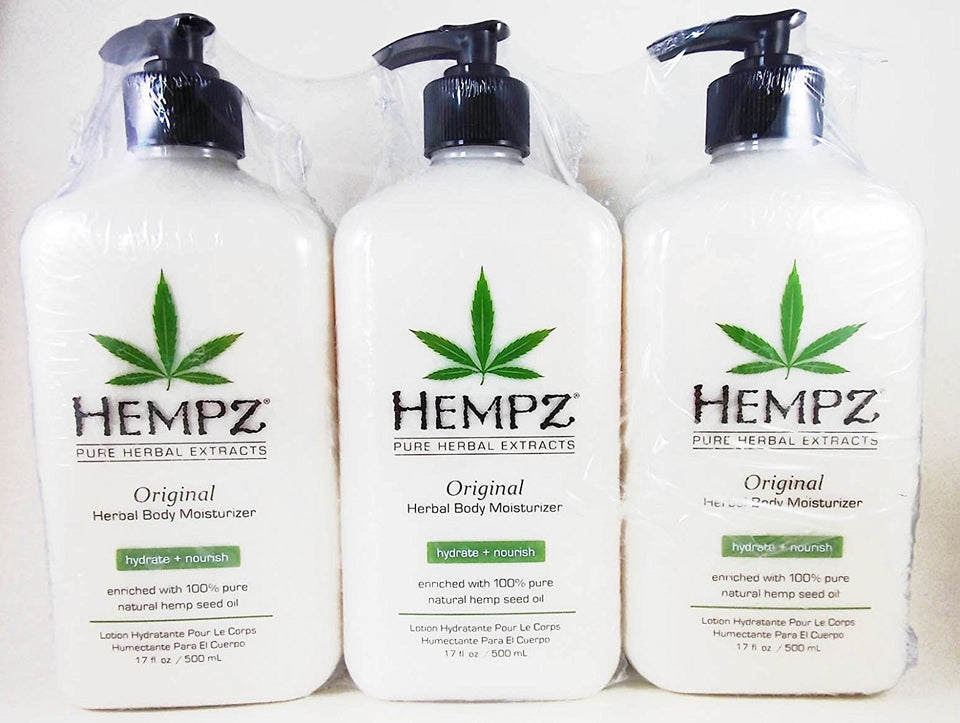 Hempz front packaging of 17 oz bottle trio showing product size and clear branding for easy identification