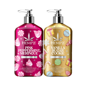 Hempz bottle front view showing pink peppermint scent and festive packaging benefit