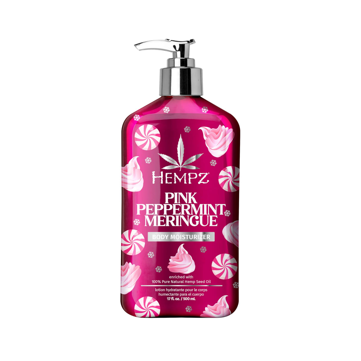 Hempz front packaging showing seasonal pink peppermint scent and size benefit