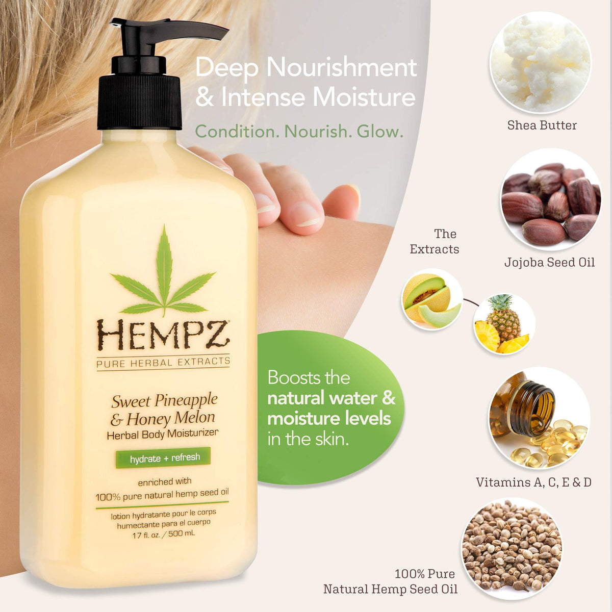 Hempz pump dispenser close-up showing smooth texture and easy dispensing