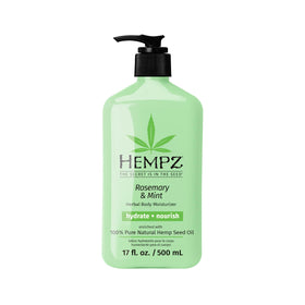 Hempz front packaging showing 17 oz bottle and rosemary mint scent benefits