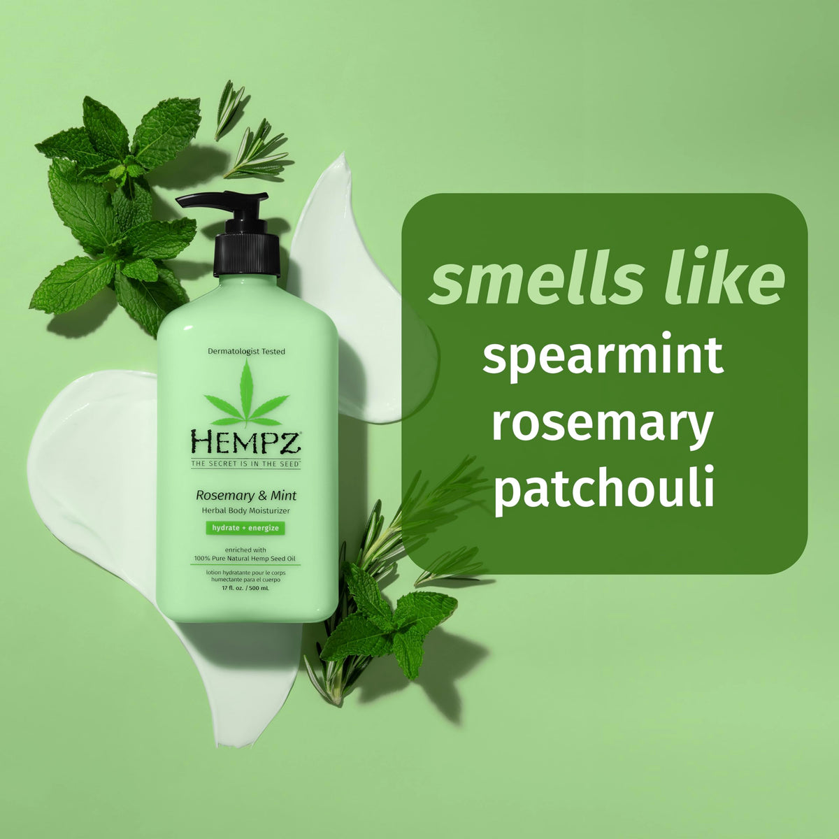 Hempz lotion texture close-up highlighting smooth, non-greasy finish