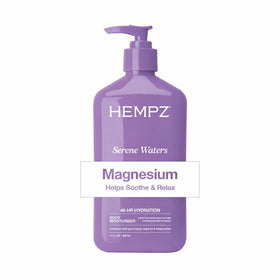 Hempz bottle front view showing label and serene waters scent benefit
