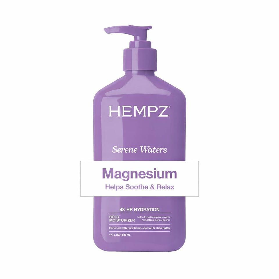 Hempz bottle front view showing label and serene waters scent benefit
