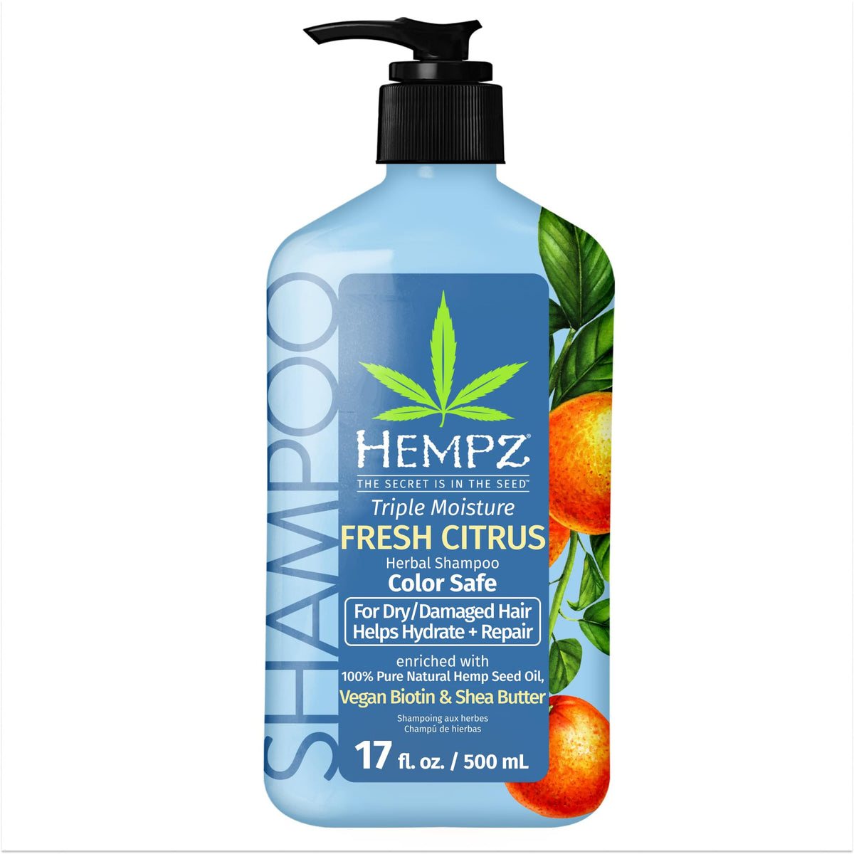 Hempz bottle front view showing 17 oz size and moisturizing benefits